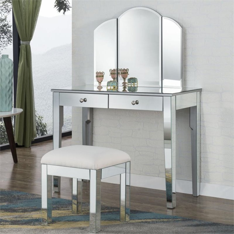 Elegant Decor Contempo 3 Piece Mirrored Bedroom Vanity Set in Antique