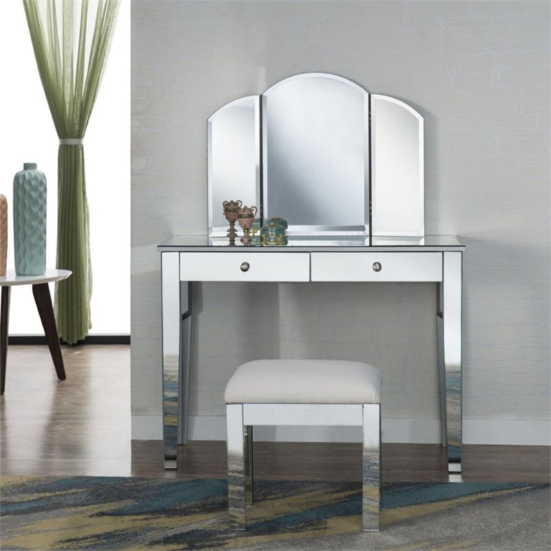 Elegant Decor Contempo 3 Piece Mirrored Bedroom Vanity Set in Antique
