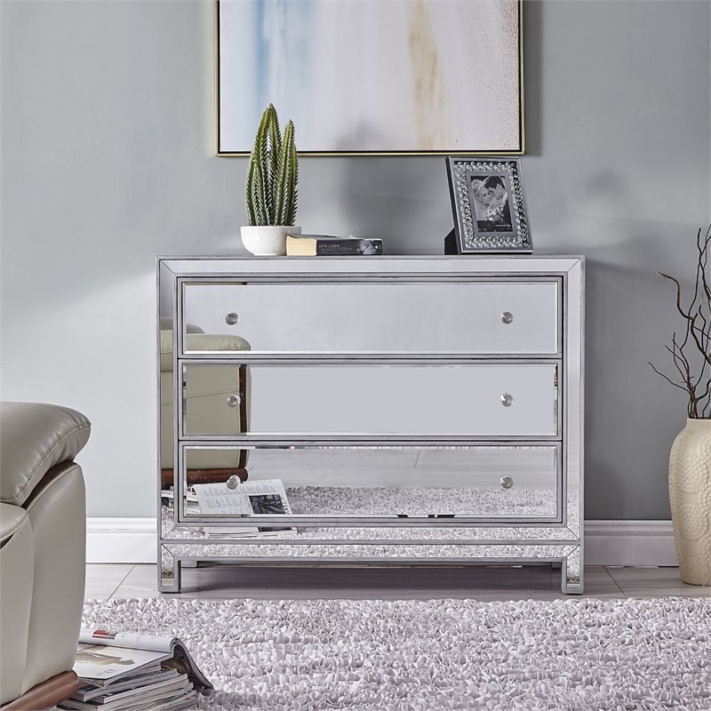 Elegant Decor Reflexion 3 Drawer Mirrored Accent Chest in Antique Silver