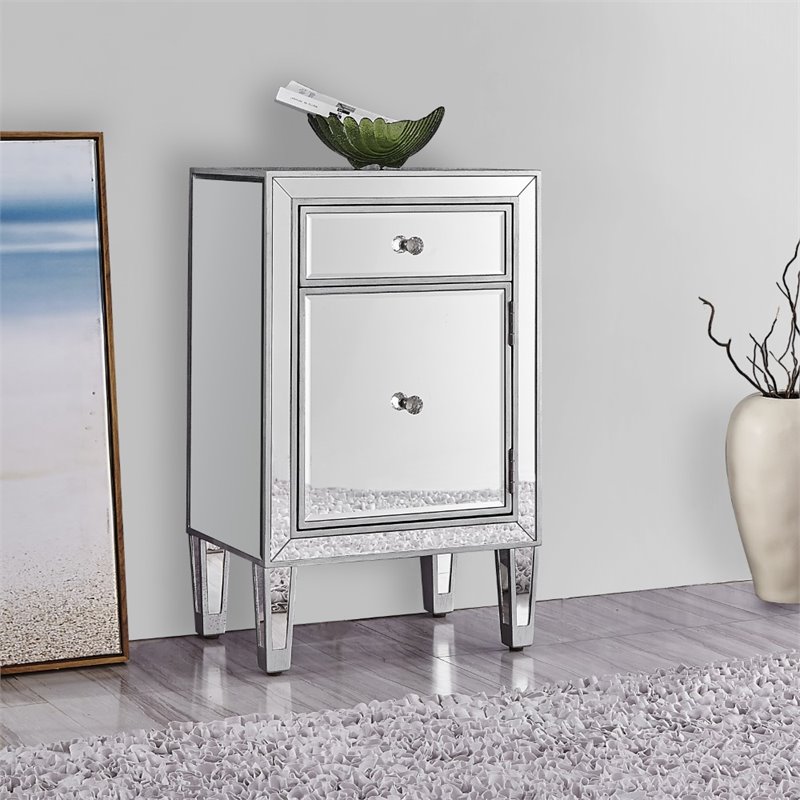 Elegant Decor Reflexion 1 Door Mirrored End Table in Antique Silver