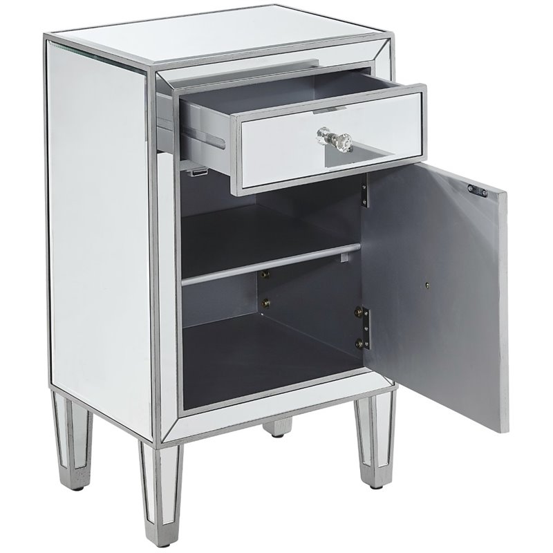 Elegant Decor Reflexion 1 Door Mirrored End Table in Antique Silver