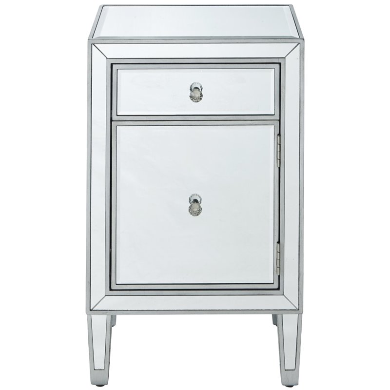 Elegant Decor Reflexion 1 Door Mirrored End Table in Antique Silver