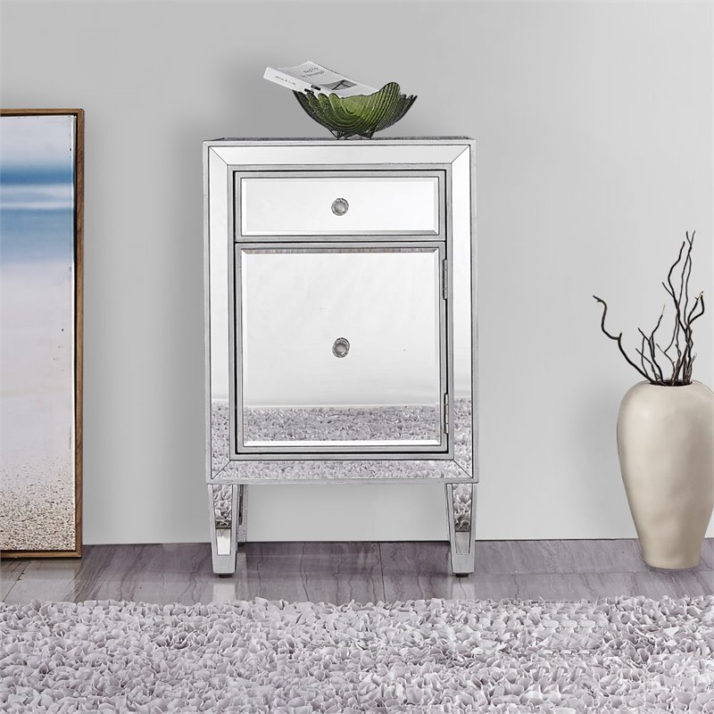 Elegant Decor Reflexion 1 Door Mirrored End Table in Antique Silver