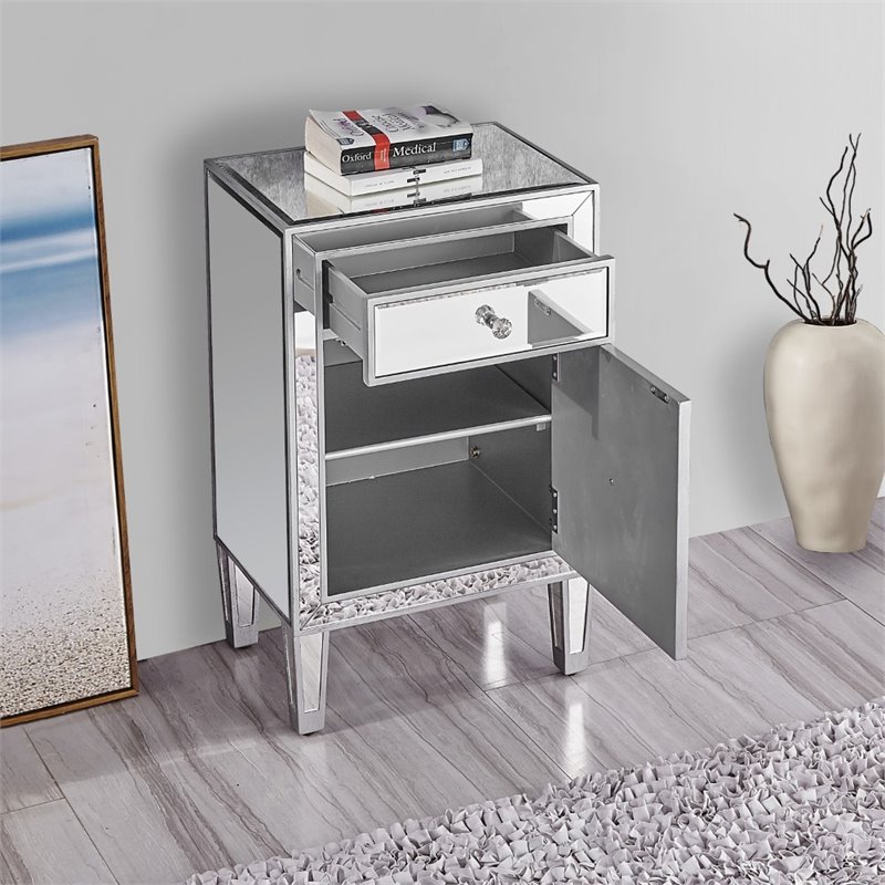 Elegant Decor Reflexion 1 Door Mirrored End Table in Antique Silver