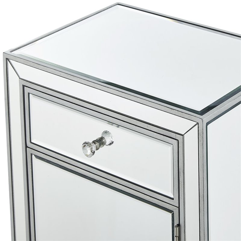 Elegant Decor Reflexion 1 Door Mirrored End Table in Antique Silver