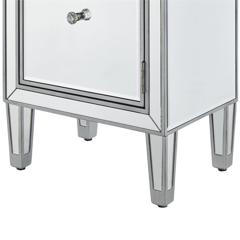 Elegant Decor Reflexion 1 Door Mirrored End Table in Antique Silver