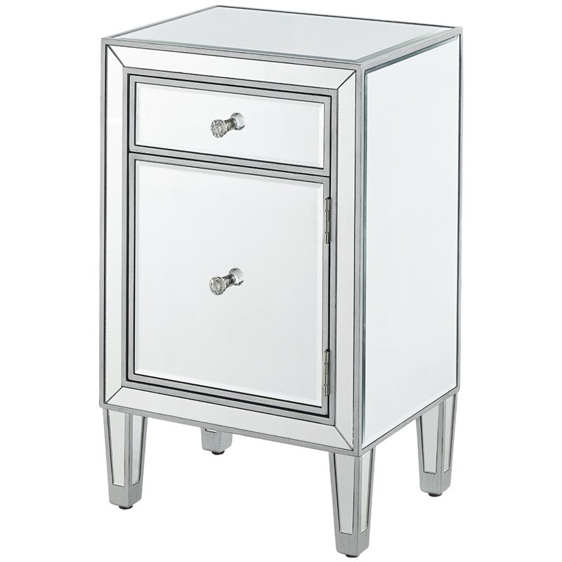 Elegant Decor Reflexion 1 Door Mirrored End Table in Antique Silver