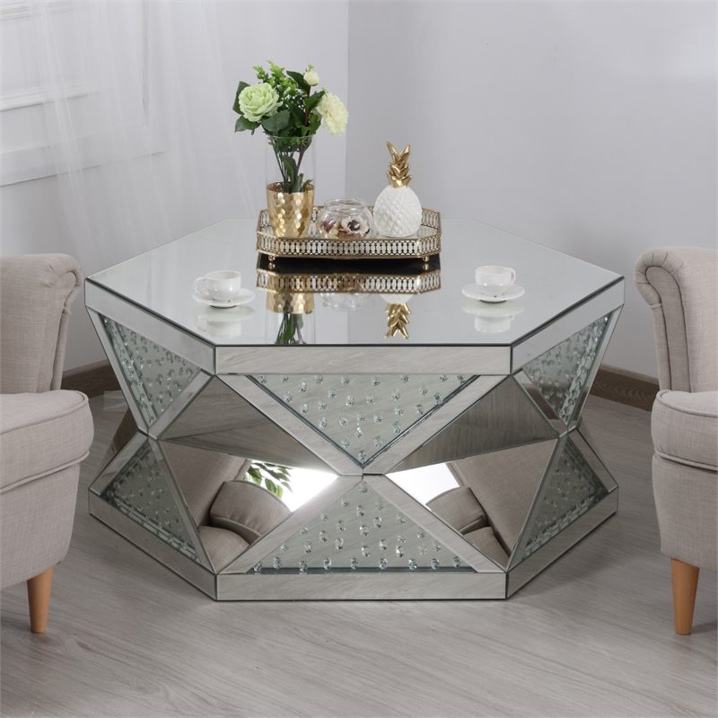 Elegant Decor Modern Hexagonal Clear Crystal Mirrored Accent Coffee