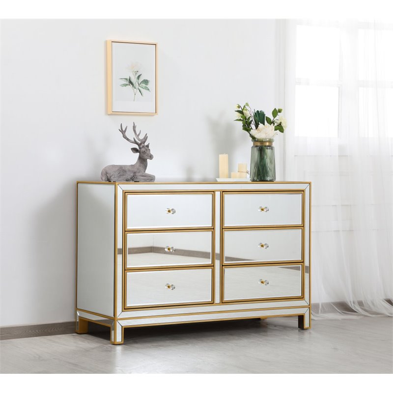 Elegant Decor Reflexion 6-Drawer Solid Wood and MDF Dresser in Gold