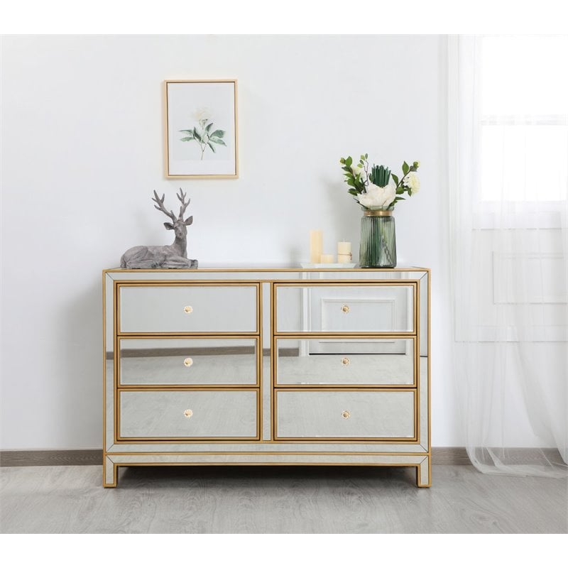 Elegant Decor Reflexion 6-Drawer Solid Wood and MDF Dresser in Gold