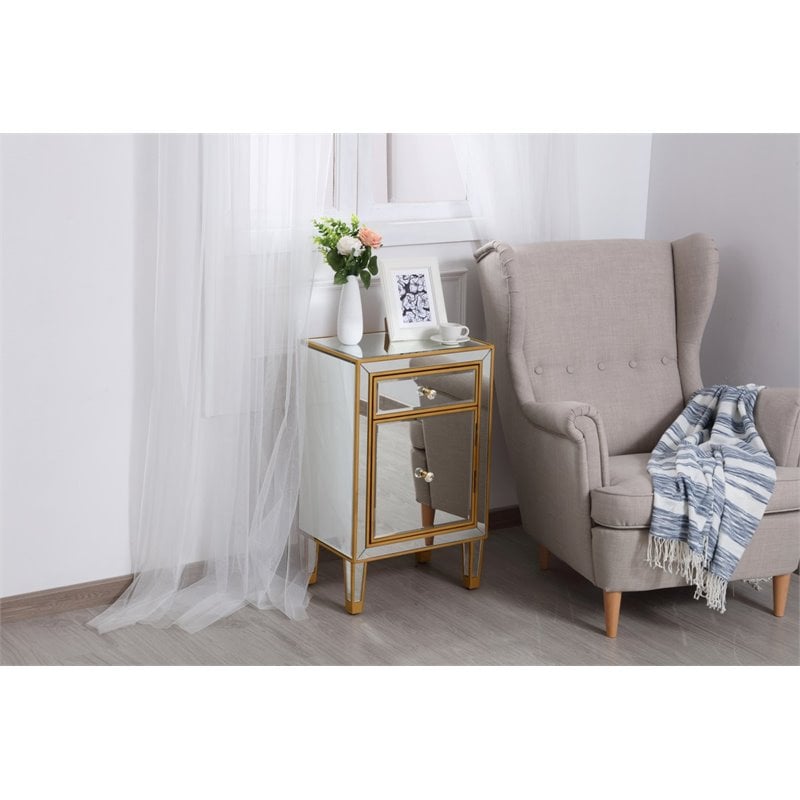 Elegant Decor Reflexion 1-Drawer Solid Wood and MDF End Table in Gold