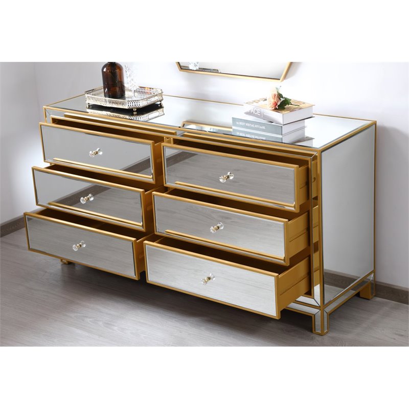 Elegant Decor Reflexion 6-Drawer Solid Wood and MDF Dresser in Gold Finish