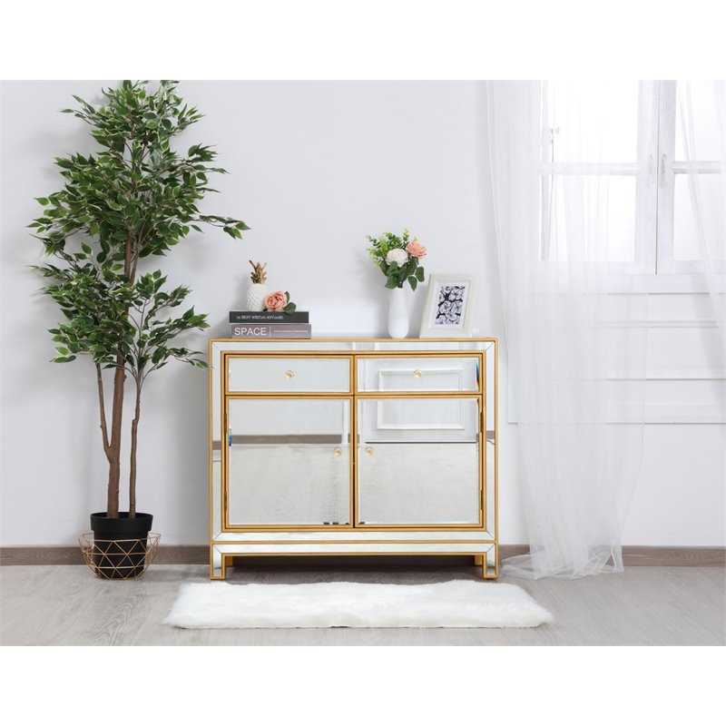 Elegant Decor Reflexion 2-Drawer Solid Wood and MDF Nightstand in Gold