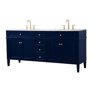 Elegant Decor Park Avenue 72&quot Metal MDF Marble Double Bathroom Vanity in Blue