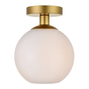 living district baxter 1-light metal & glass flush mount in brass/frosted white