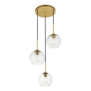living district baxter 3-light metal pendant in brass and clear
