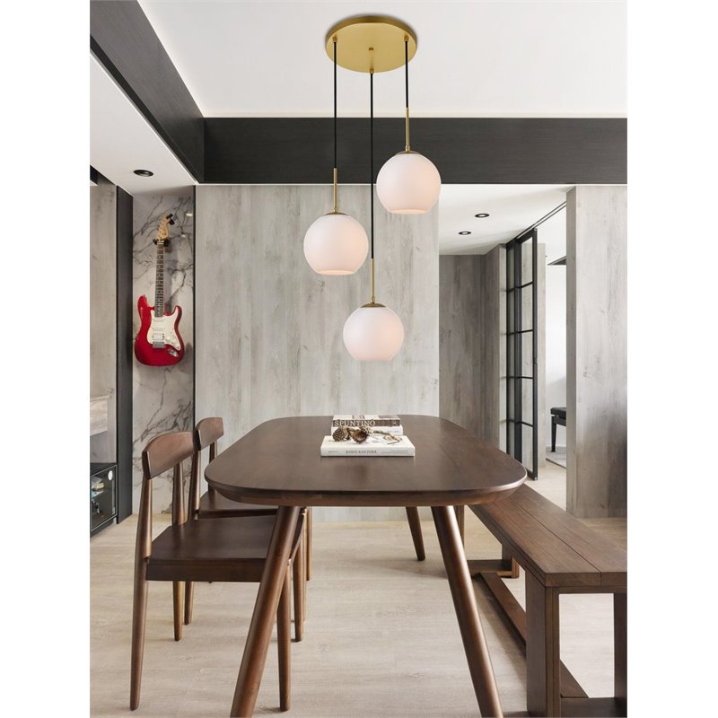 Living District Baxter 3-Light Metal Pendant in Brass and Frosted White Finish