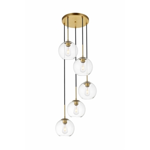 Living District Baxter 5-Light Metal Pendant in Brass and Clear Finish
