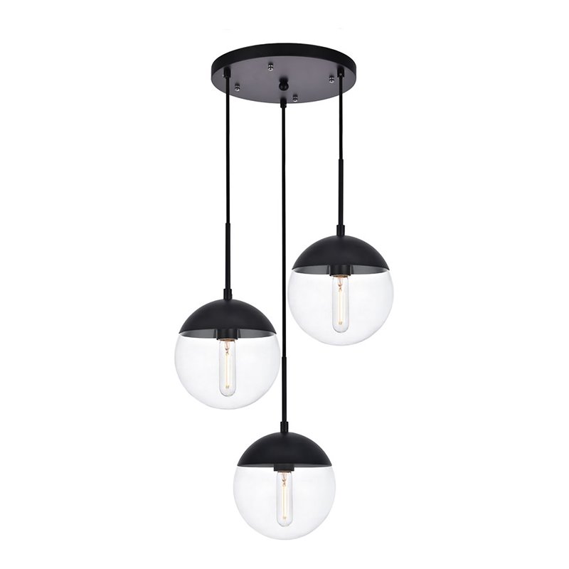 Living District Eclipse 3-Light Metal & Glass Pendant in Black and Clear