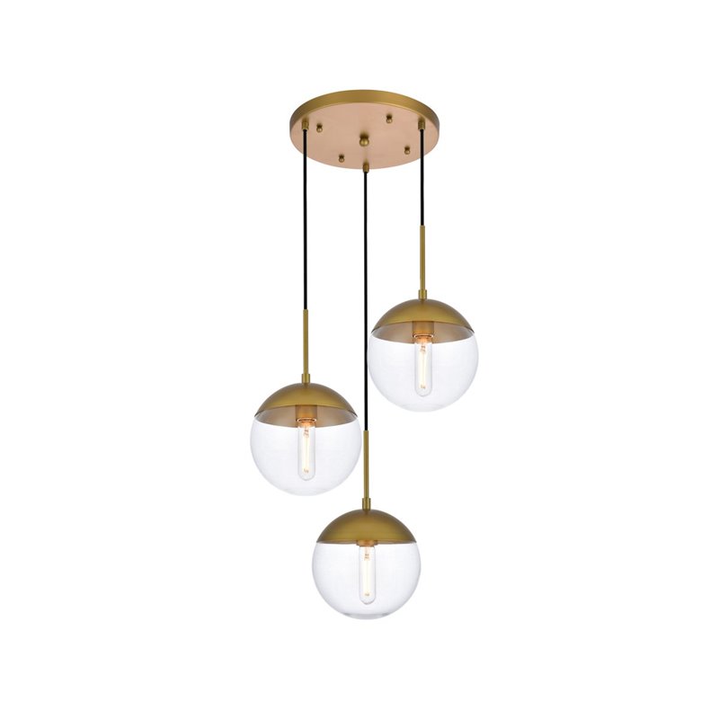 Living District Eclipse 3-Light Metal & Glass Pendant in Clear/Brass