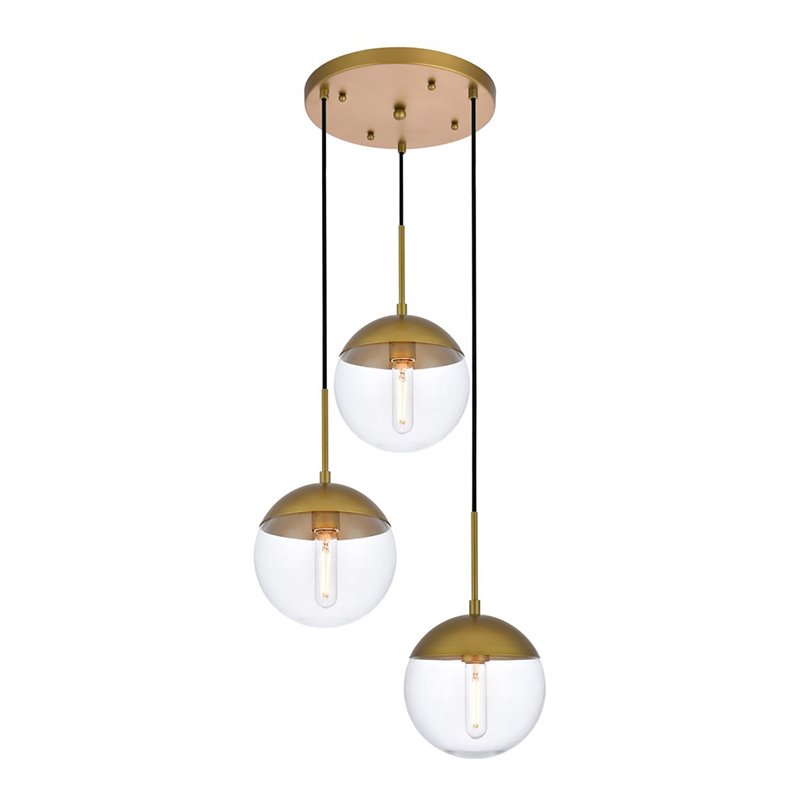 Living District Eclipse 3-Light Metal & Glass Pendant in Clear/Brass