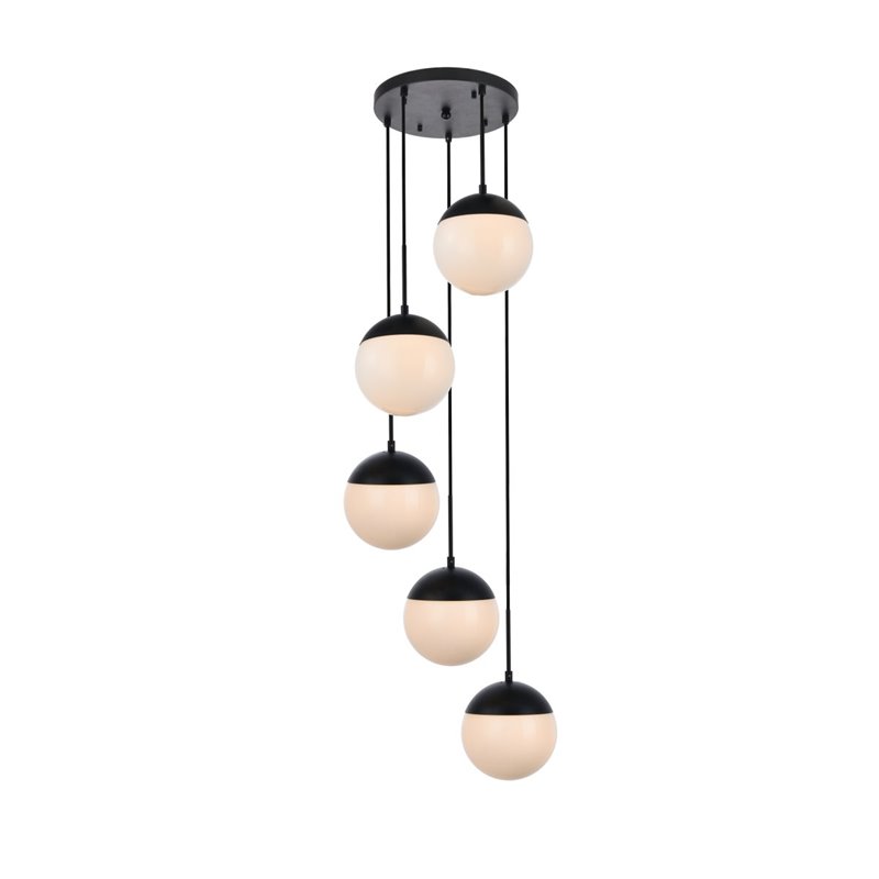 Living District Eclipse 5-Light Metal & Glass Pendant in Black/Frosted White
