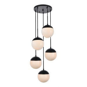 Living District Eclipse 5-Light Metal & Glass Pendant in Black/Frosted White