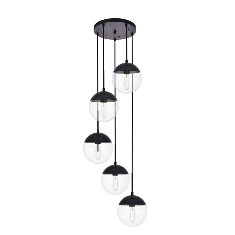 Living District Eclipse 5-Light Metal & Glass Pendant in Black/Clear