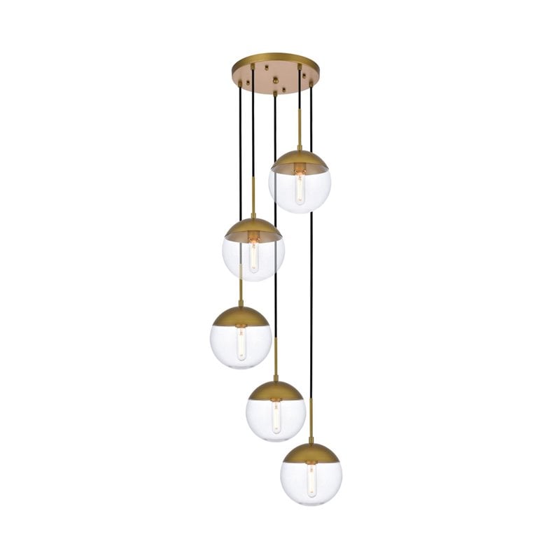 Living District Eclipse 5-Light Metal & Glass Pendant in Brass/Clear