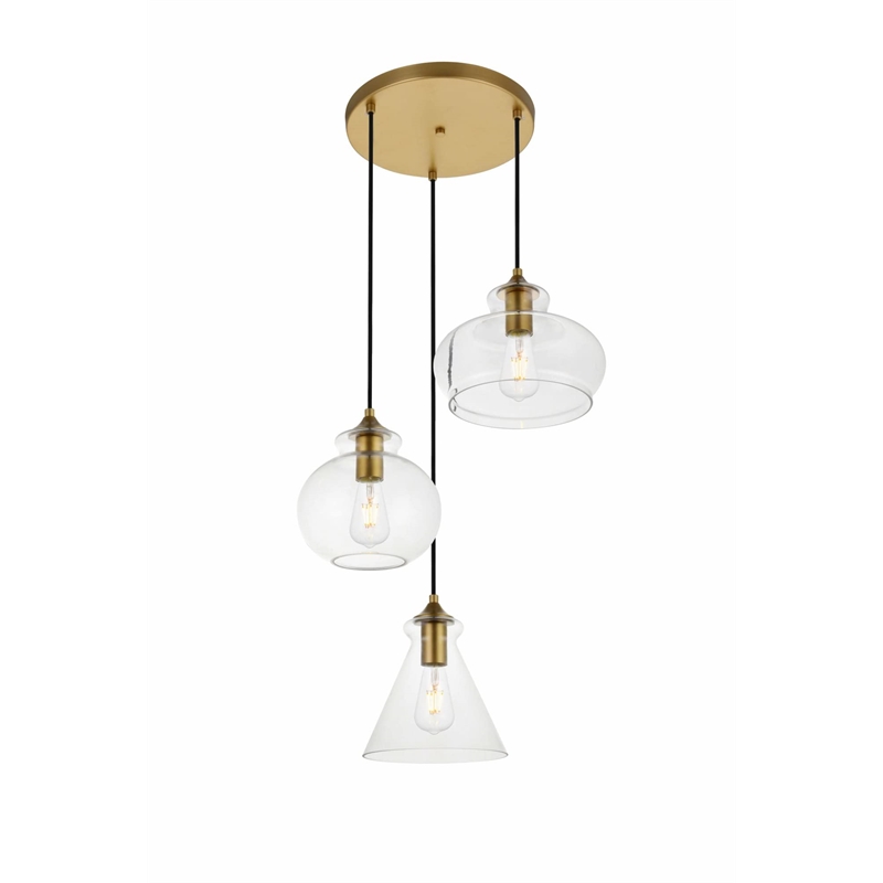 Living District Destry 3-Light Metal Pendant in Brass and Clear