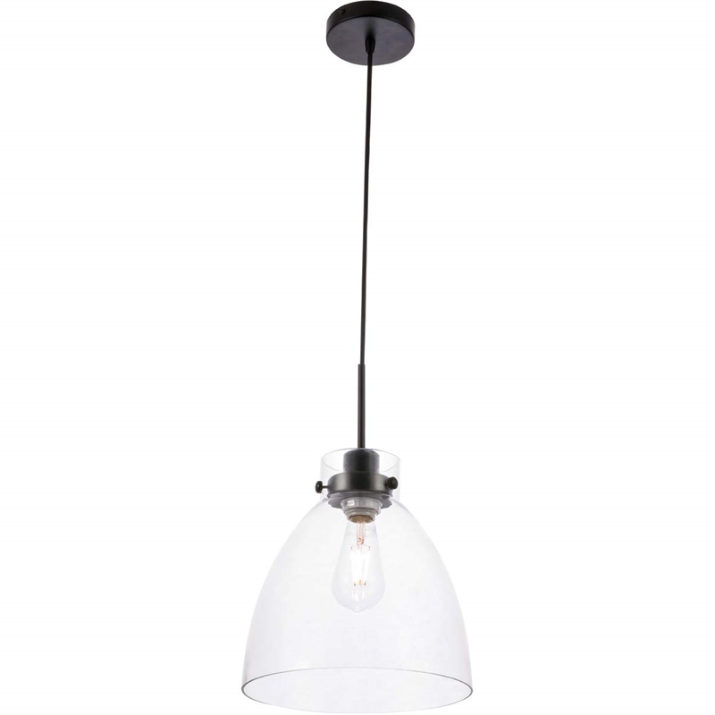 living district frey 1-light mid-century metal pendant in black and clear glass