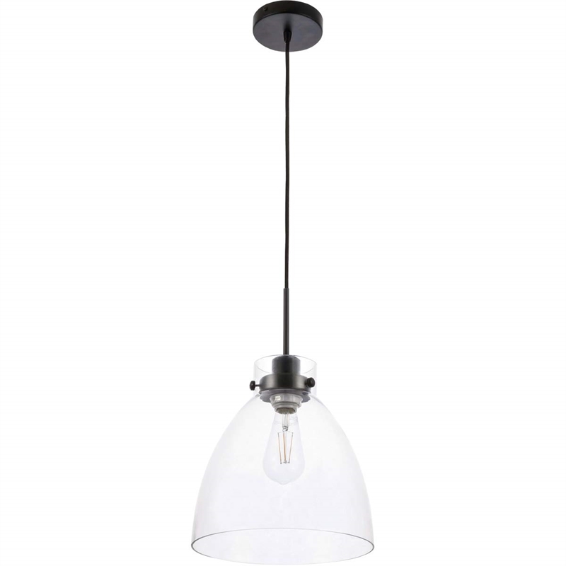 living district frey 1-light mid-century metal pendant in black and clear glass
