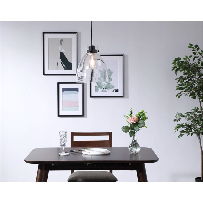 living district frey 1-light mid-century metal pendant in black and clear glass