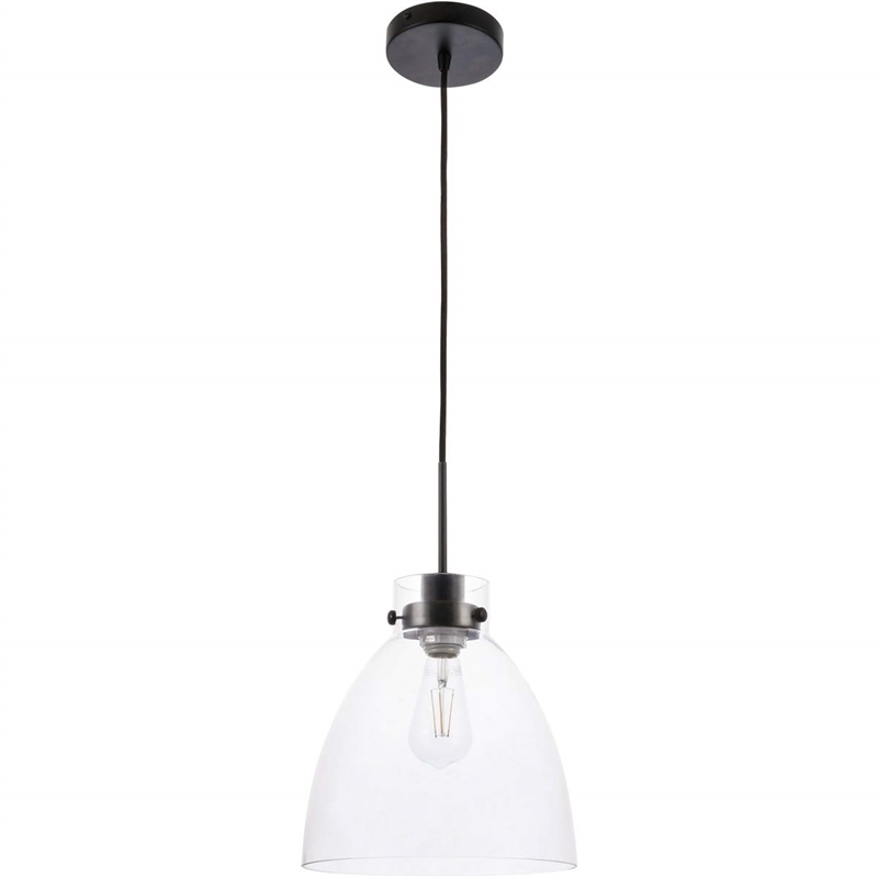 living district frey 1-light mid-century metal pendant in black and clear glass