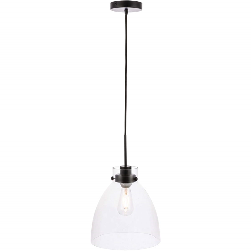 living district frey 1-light mid-century metal pendant in black and clear glass