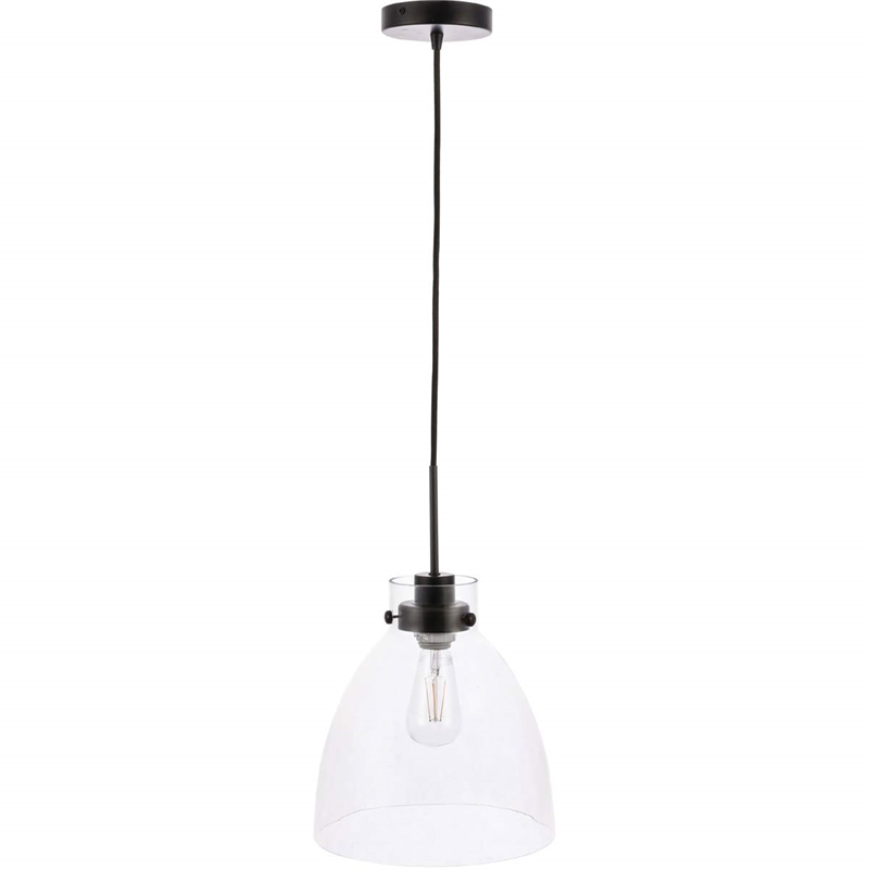 living district frey 1-light mid-century metal pendant in black and clear glass