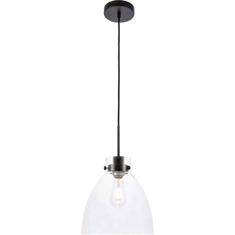 living district frey 1-light mid-century metal pendant in black and clear glass
