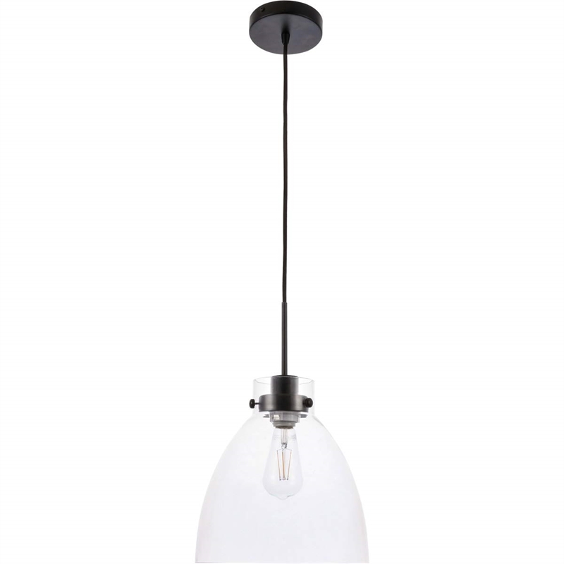 living district frey 1-light mid-century metal pendant in black and clear glass