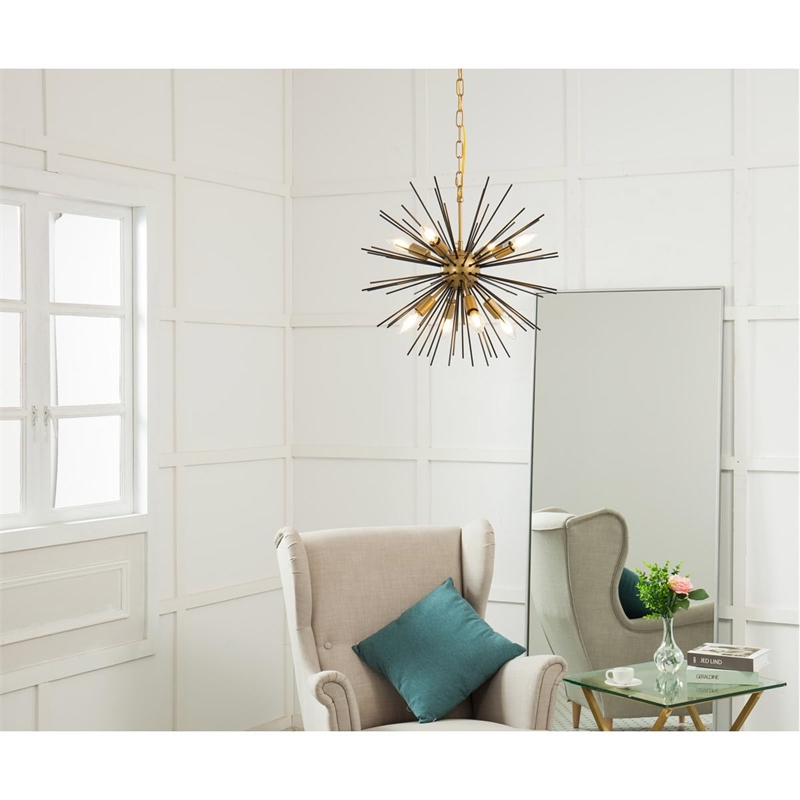 Living District Timber 8-Light Mid-Century Metal Pendant in Brass and Black