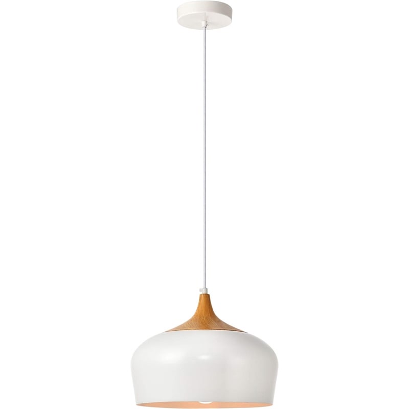 Living District Nora 1 Light Aluminum Pendant in White & Natural Wood