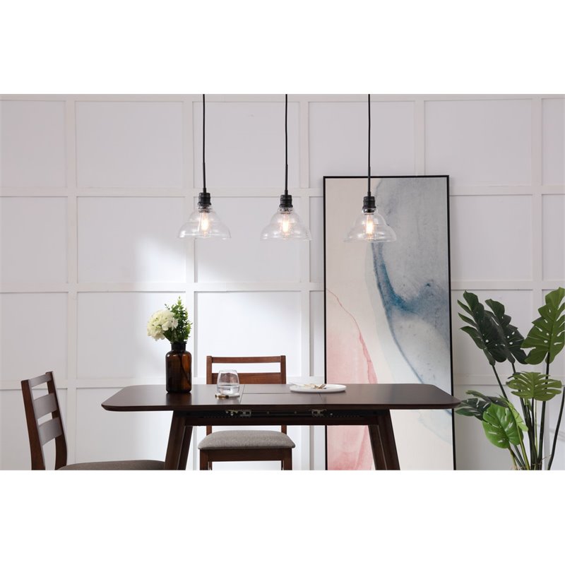 Living District Clive 3-Light Metal Pendant in Black and Clear Seeded Glass