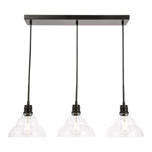 living district clive 3-light metal pendant in black and clear seeded glass