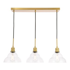 living district clive 3-light metal pendant in brass and clear seeded glass