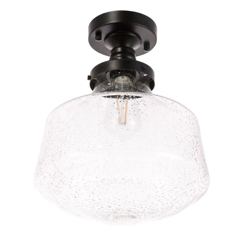 Living District Lyle Metal & Glass Flush Mount in Black/Clear Seeded