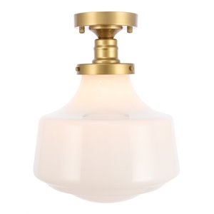 living district lyle 1-light metal & fabric flush mount in brass/frosted white