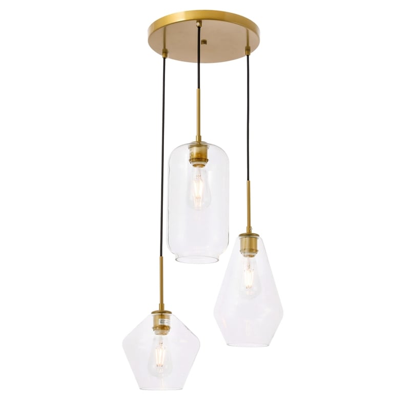 Living District Gene 3-Light Metal Pendant in Brass and Clear Glass