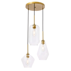 Living District Gene 3-Light Metal Pendant in Brass and Clear Glass