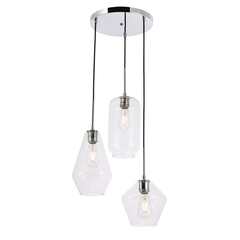 Living District Gene 3-Light Mid-Century Metal Pendant in Chrome and Clear
