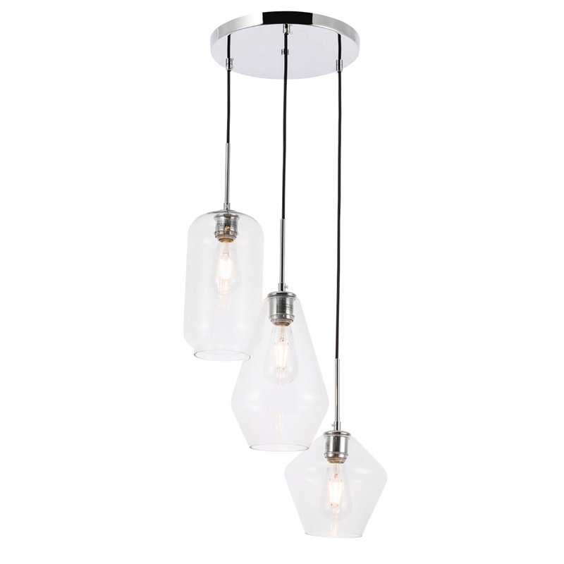 Living District Gene 3-Light Mid-Century Metal Pendant in Chrome and Clear