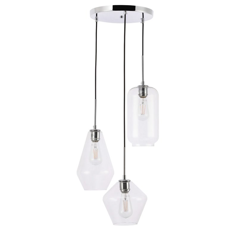 Living District Gene 3-Light Mid-Century Metal Pendant in Chrome and Clear